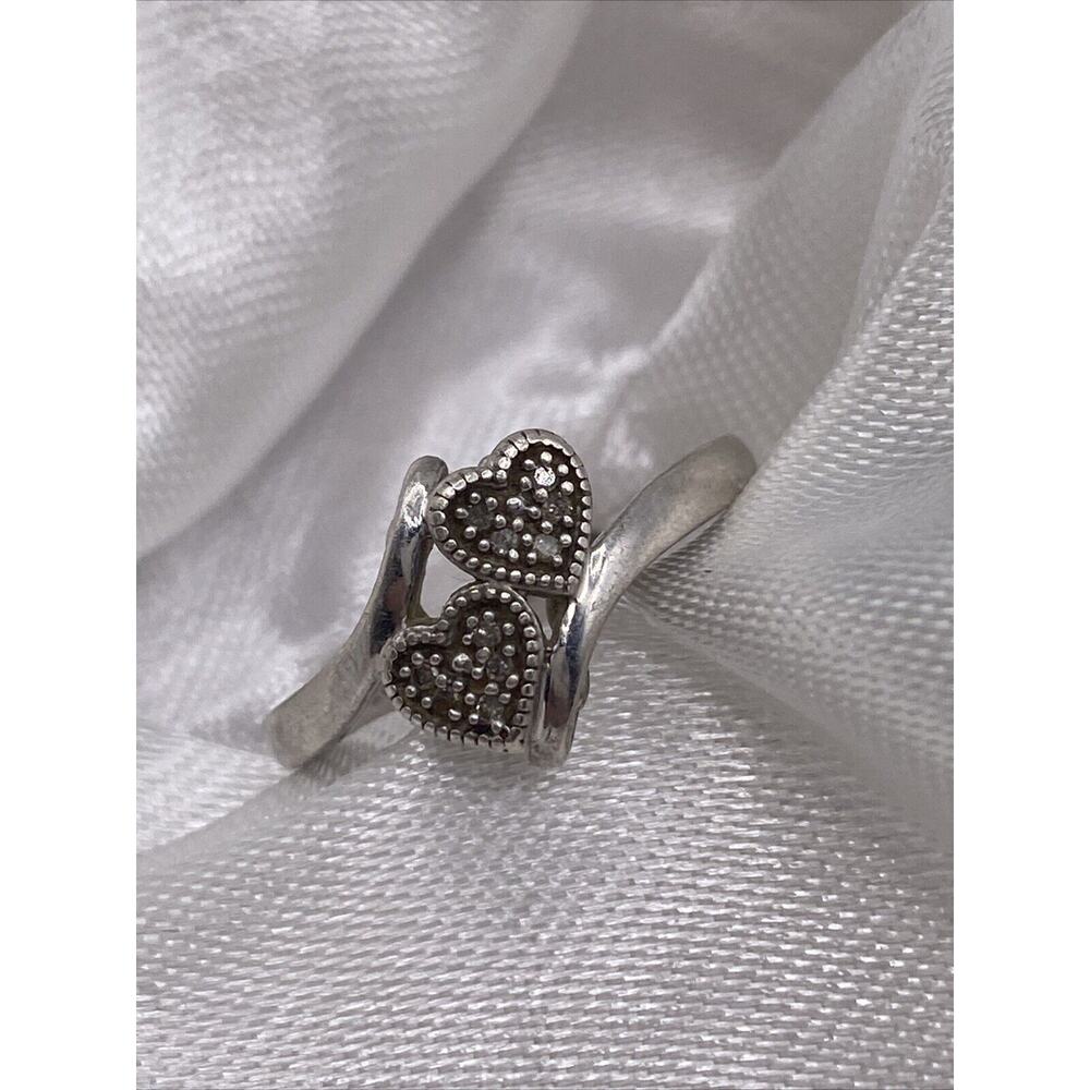Vintage Sterling Silver DESIGNER Signed Diamond Double Heart Love Ring Size 7